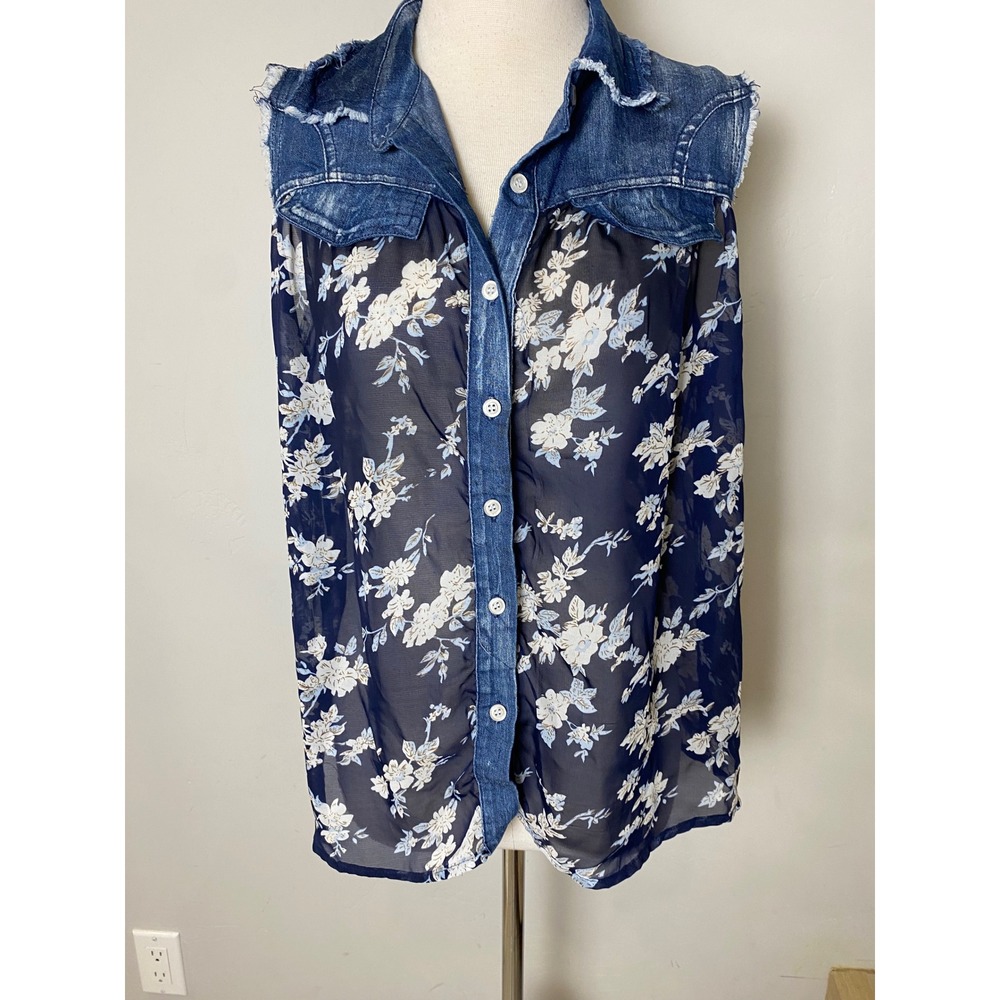 Raindrops by Papillon Vintage 90s Denim Floral Sheer Sleeveless Button Up Top L